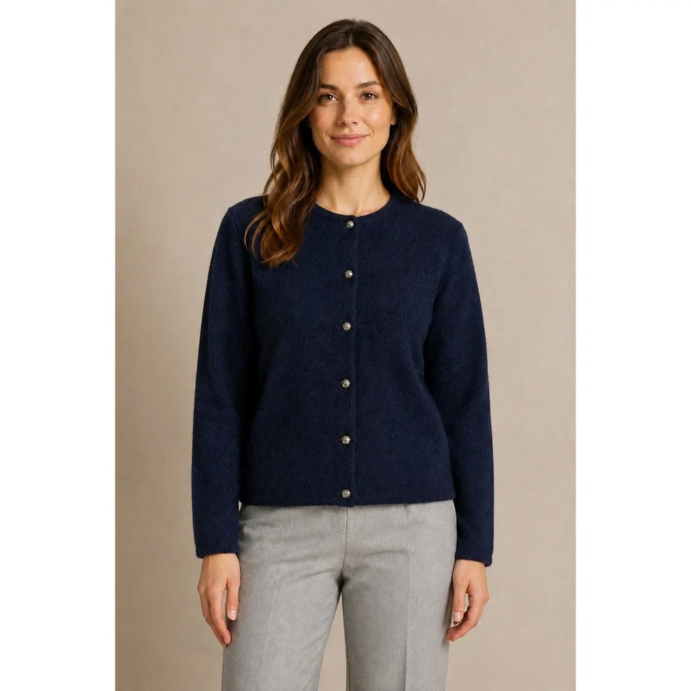 Vintage Sag Harbor 100% Wool Cardigan Sweater Womens M Navy Preppy Dark Academia